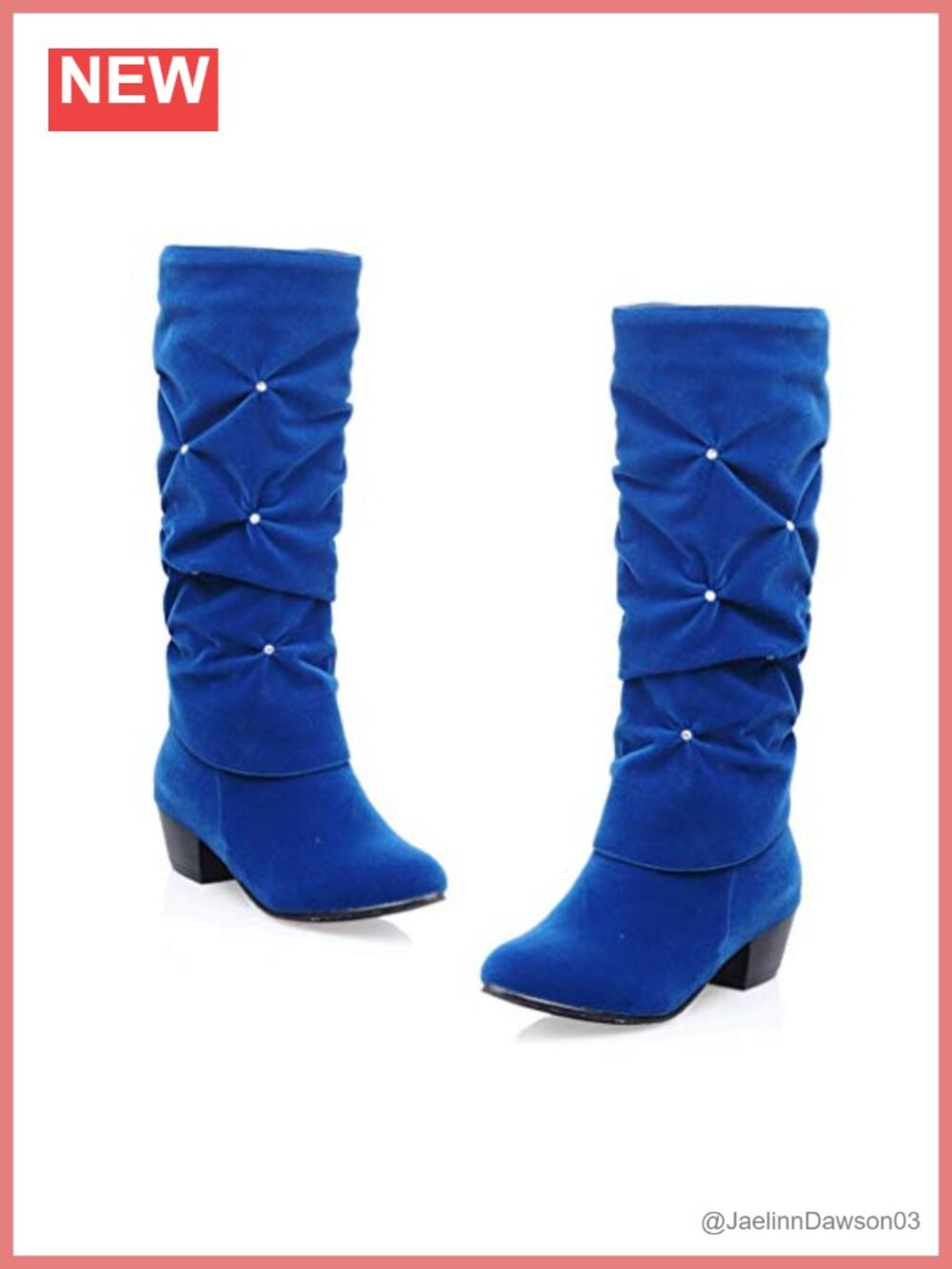 MIOKE Women's Rhinestone Slouch Mid Calf Boots Faux Suede Low Heel Round Toe